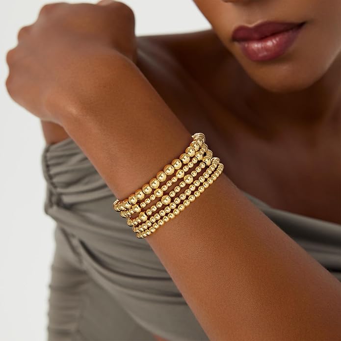 Gold Bracelets for Women, 14K Gold Plated Beaded Bracelets Gold Strand Bead Ball Bracelet Stack Set Adjustable Bracelet Set Waterproof Jewelry for Women Gifts Non Tarnish