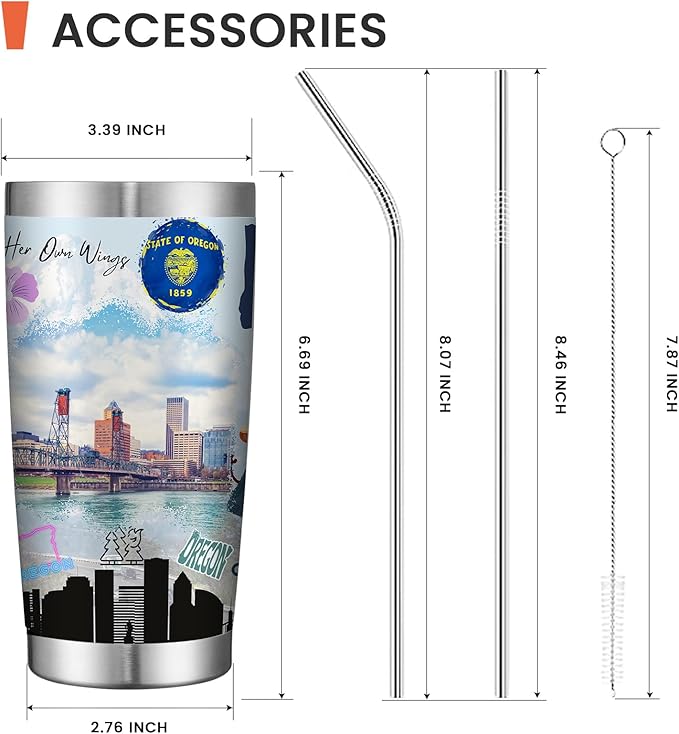 20oz Insulated Tumbler Oregon State Coffee Mug, United States Map Travel Mug Landmark, Birthday Gifts Cute Custom Tumbler Cups with Lid and Straw Gifts for Mom