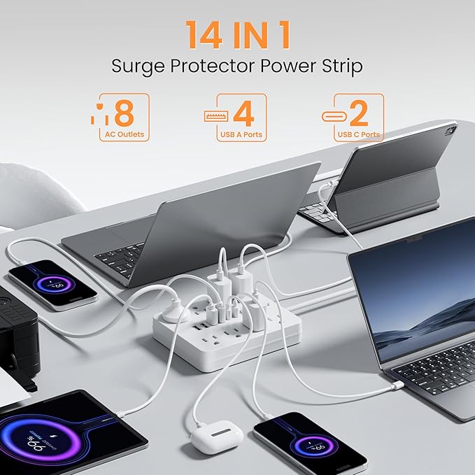 Surge Protector Power Strip - 8 Outlets(1250W/10A) 4 USB A（2 USB C, 6FT Flat Plug Extension Cord, Wall Mount Multi Plug Outlet Extender, ETL Listed for Home, Dorm Room