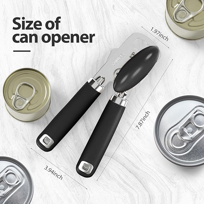 Can Opener Manual, Heavy Duty Stainless Steel Smooth Edge Can Opener With Soft Touch Handle, Oversized Handheld Easy Turn Knob, Multi-Function Bottle Opener, Black