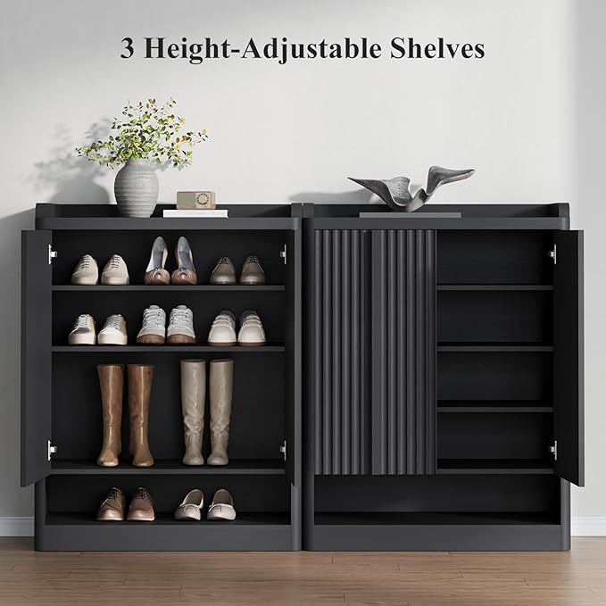 Fluted Shoe Storage Cabinet for Entryway – 45" Tall, 6-Tier Shoe Organizer with 4 Adjustable Shelves, Mid-Century Freestanding Wooden Shoe Rack for Hallway, Living Room, Closet, Black(3PCS)