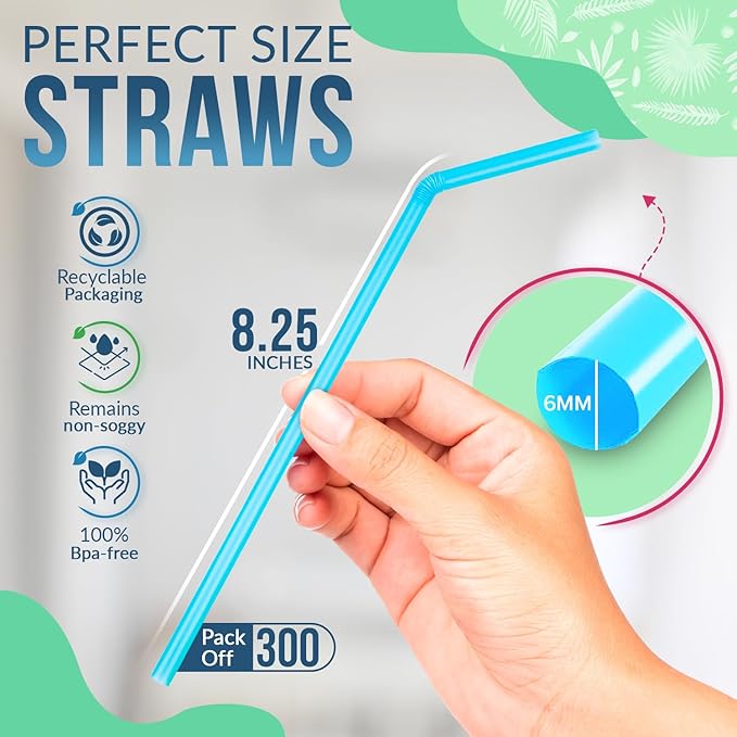 Weemium Compostable Straws Disposable [300 Pack] 8.25" | 100% Plant-Based Plastic-free PLA, Disposable and Biodegradable | Flexible Colorful Drinking Straws are Best Alternative to Plastic