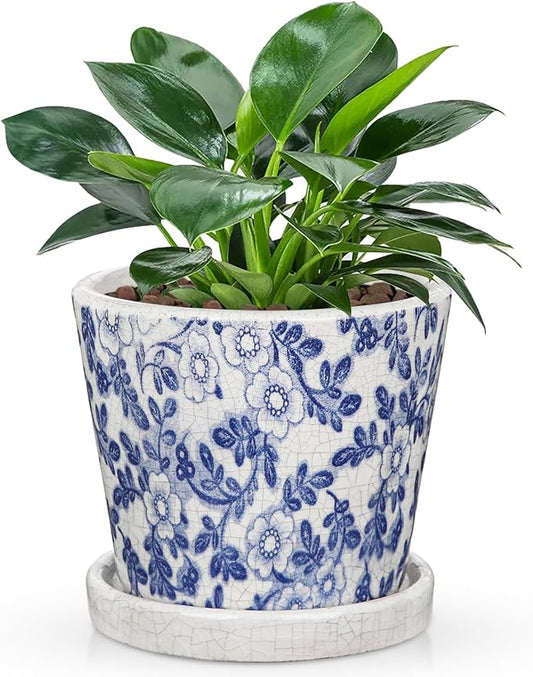 Ceramic Pot for Plants 5.5 inch Blue and White Pot for Plants Small Chinoiserie Planter Pots with Drainage Hole and Saucers Outdoor Inoor Blue Flower Pots for Succulent, Cactus, Snake Plant, Herb