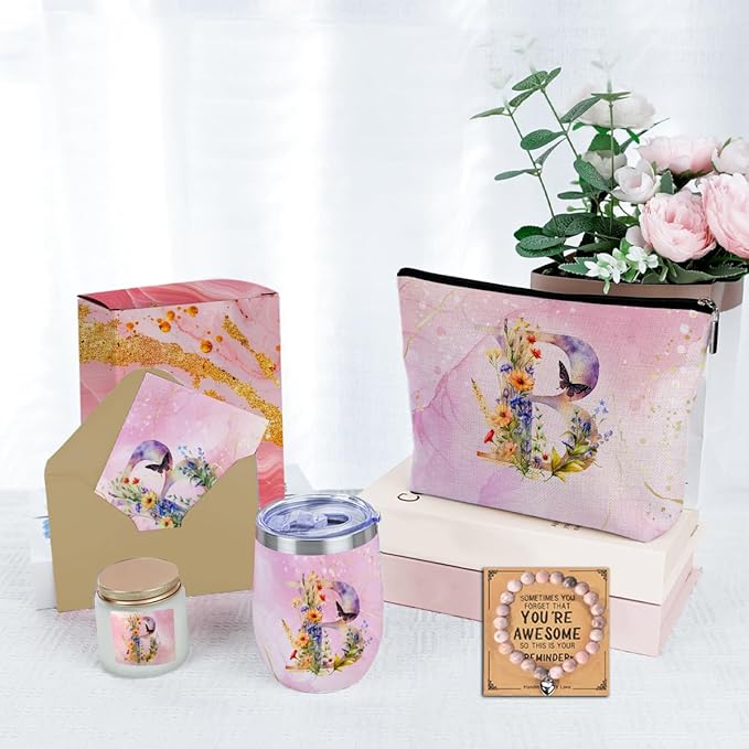 Personalized Gifts Monogrammed Birthday Gifts for Women, Sister Cowerker Mom Boss Day Christmas Appreciation Initial Wine Tumbler Makeup Bag Scented Candle Bracelet Set, (Aesthetic Pink Flower B)