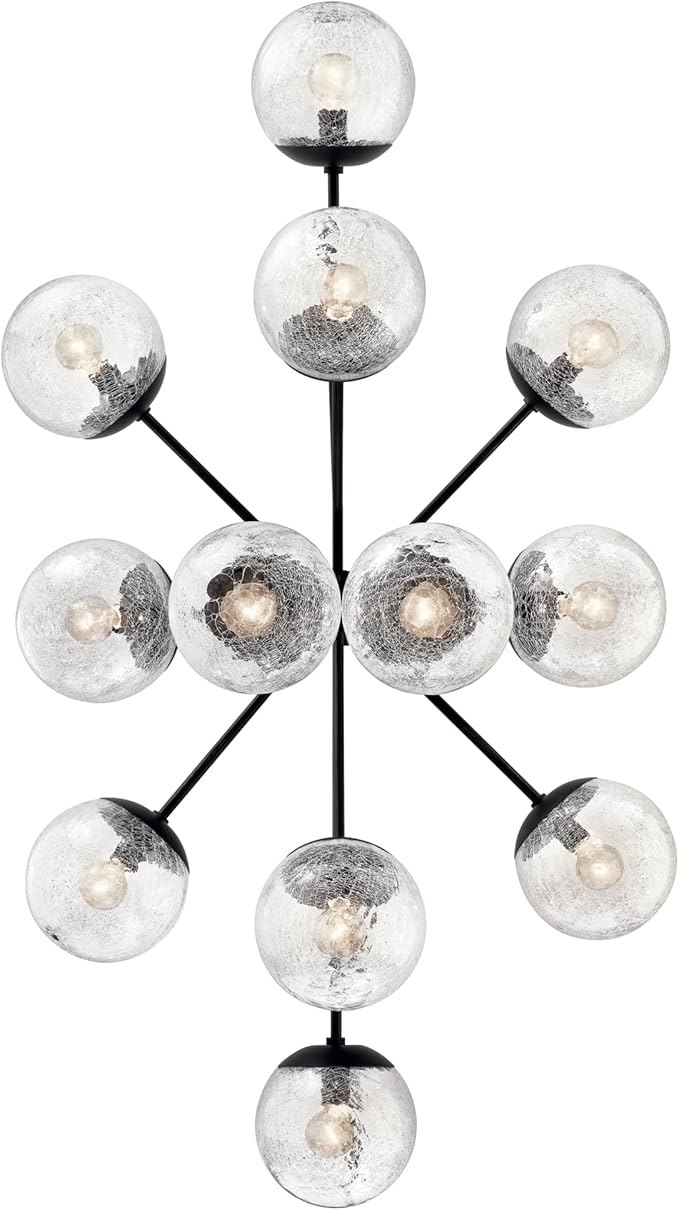 KICHLER Silvarious 12-Light Linear Convertible Chandelier, Soft Modern Light with Clear Crackled Glass in Black, for Dining Room or Living Room (17.75" x 26.75" x 48"), 52703BK