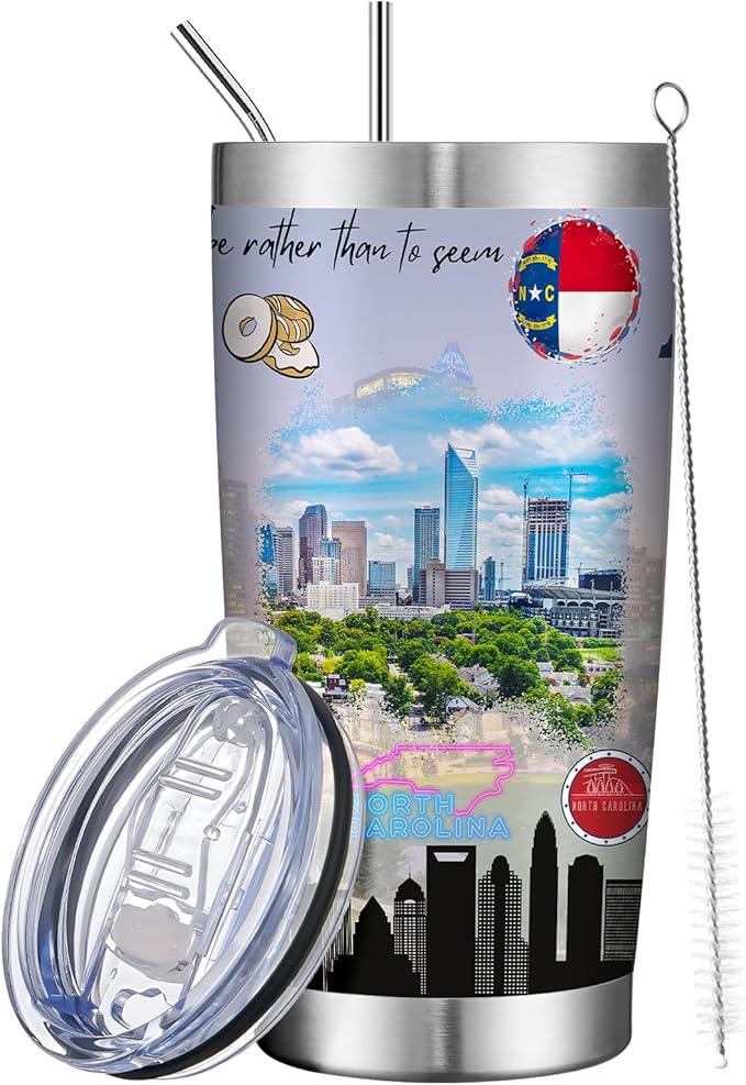 20oz Insulated Tumbler North Carolina State Coffee Mug, United States Map Travel Mug Landmark, Birthday Gifts Cute Custom Tumbler Cups with Lid and Straw Gifts for Mom