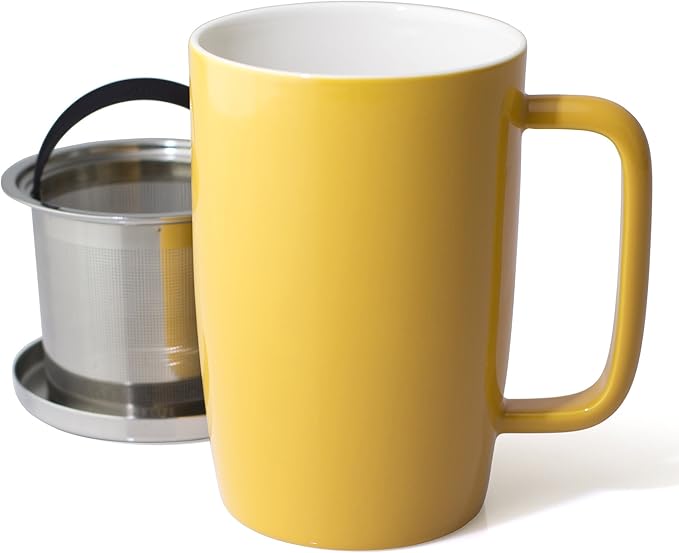 FORLIFE Dew Glossy Finish Brew-In-Mug with Basket Infuser & "Mirror" Stainless Lid 18 oz., Mandarin