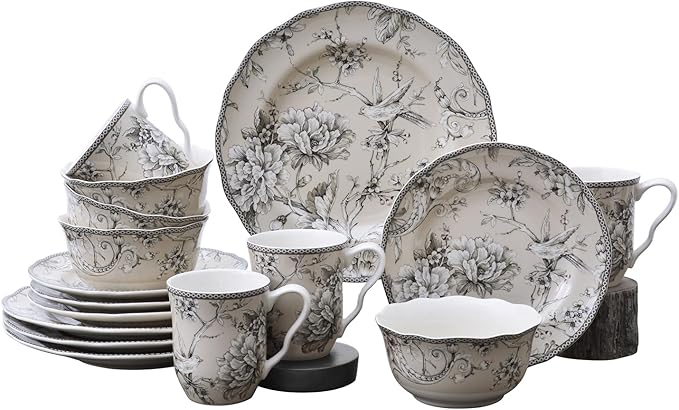 222 Fifth Adelaide 16-Piece Traditional Antique White Porcelain Dinnerware Set – Service for 4, Romantic Bird & Floral Design, for Everyday Dining & Entertainment, Microwave & Dishwasher Safe