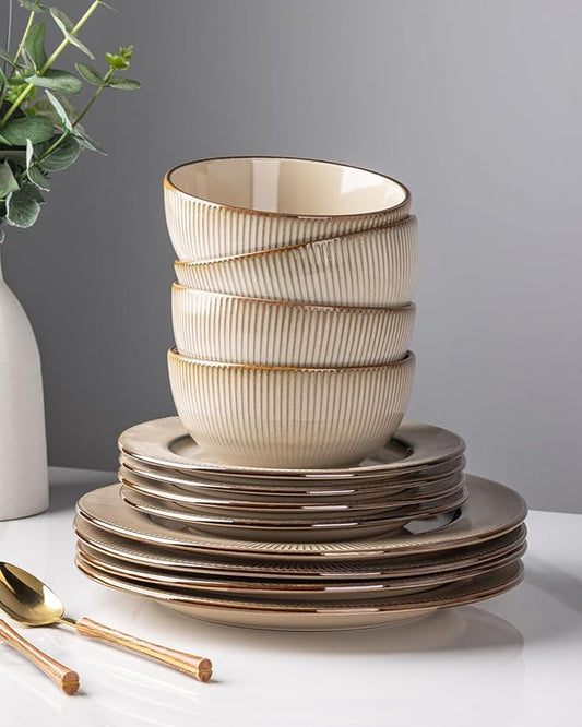 GBHOME Ceramic Dinnerware Sets, 18 Piece Embossed Elegant Stoneware Plates and Bowls Sets, Housewarming Wedding Gift | Dishwasher & Microwave Safe | Dishes Set Service for 6