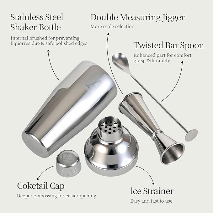 24oz Cocktail Shaker Set with 1 oz 2oz Jigger - Monogramm Initials Martini Shaker Set - 304 Stainless Steel Bar Shaker for Margarita,Mojito-Personalized Gift for Friend,Husband-T