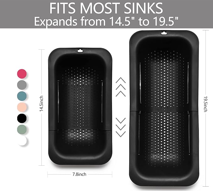 Adjustable Over the Sink Colander Strainer, Silicone Clip On Strainer for Pots Strainers and Colanders Plastic Drainer Basket for Food Pasta Vegetables Kitchen, Extendable 14.5"-19.5", Black