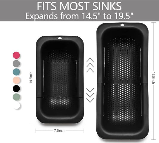 Adjustable Over the Sink Colander Strainer, Silicone Clip On Strainer for Pots Strainers and Colanders Plastic Drainer Basket for Food Pasta Vegetables Kitchen, Extendable 14.5"-19.5", Black