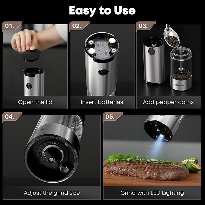 Electric Salt and Pepper Grinder Set One-hand Operated, Adjustable Coarseness, Stainless Steel body Ceramic Burrs,Pepper Shakers Mills with LED Light,House Warming Cooking Gift (2)