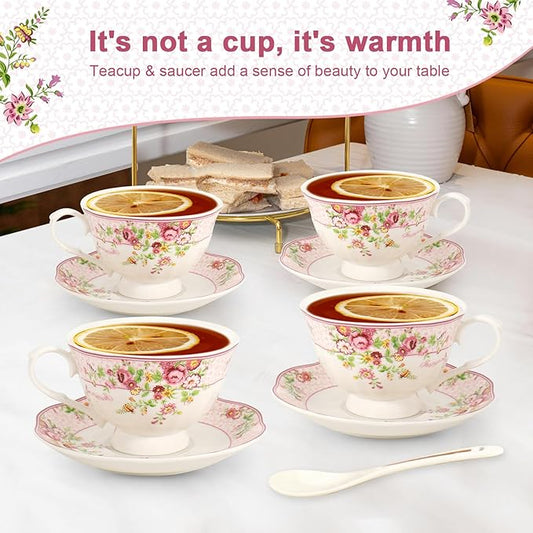 Cup and Saucer Sets of 6 with Spoon, 8oz Ceramic Tea Cups Saucers Set Porcelain New Bone China Floral Vintage Coffee Cup & Saucer Sets -Microwave Dishwasher Safe (Pink)