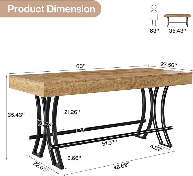 Tribesigns 63" Counter Height Dining Table with Metal Footrest, Rectangular Tall Kitchen Bar Pub Table, Industrial Home Bar Unit for Entertaining, Freestanding, Brown