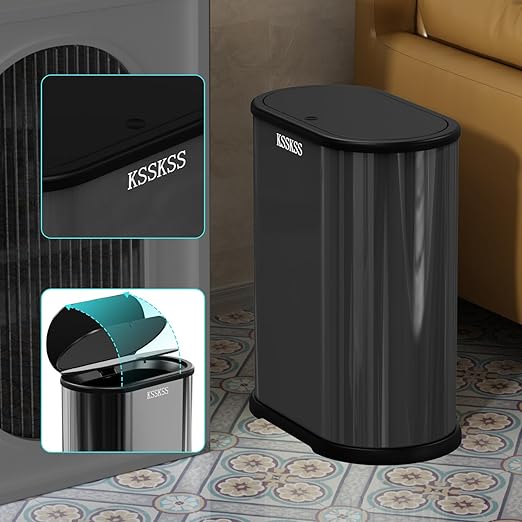 1.8 Gallons Small Stainless Steel Trash Can with Press Type Lid, Slim Bathroom Garbage Bin, Removable Liner Bucket, Narrow Wastebasket with Pop-Up Lid for Bedroom,Toilet (Titanium Black)