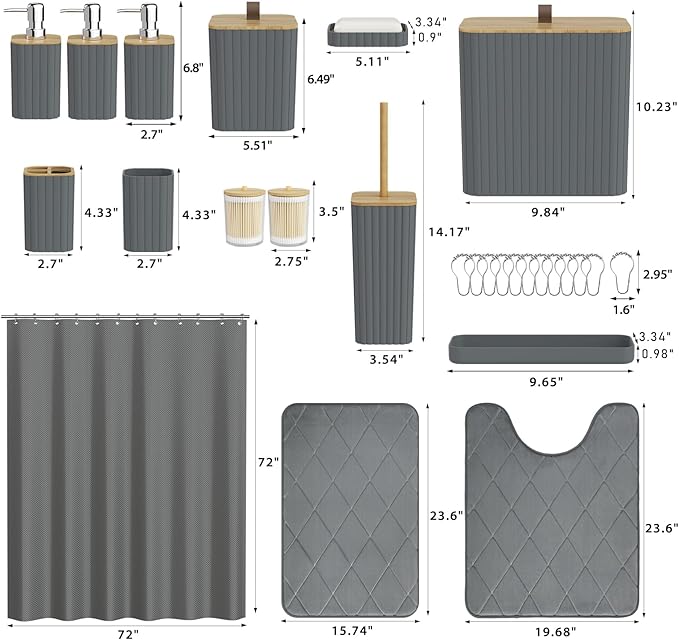 Bathroom Accessory Set - Grey Bathroom Set, 27PC Bathroom Accessories Set, Bathroom Sets with Shower Curtain and Rugs, Mini Trash Can, Toilet Brush, Trash Can & Soap Dispenser