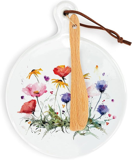 DEMDACO Dean Crouser Collection Watercolor Wildflower Floral Round Mini 5 x 6.5 Stoneware, Suede, Wood Cutting Cheese Serving Board with Knife