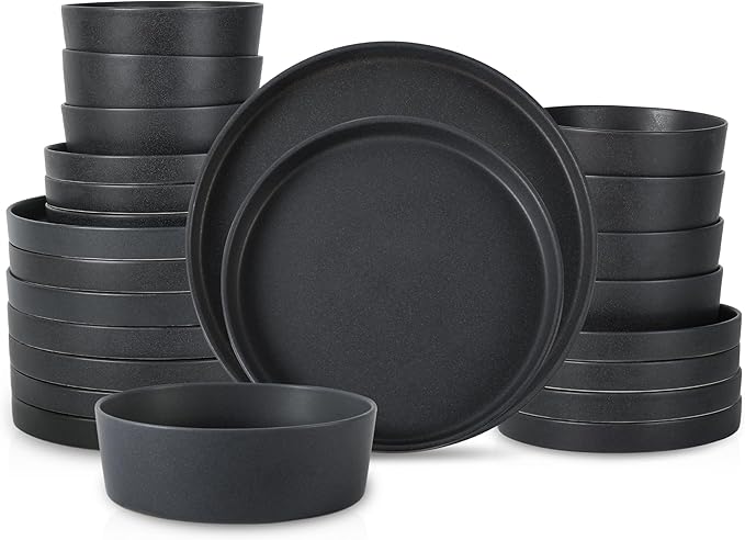 Stone by Mercer Project MODAN 24-Piece Stoneware Dinnerware Set, Plates and Bowls Sets, Dish Set for 8, Charcoal