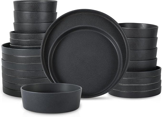 Stone by Mercer Project MODAN 24-Piece Stoneware Dinnerware Set, Plates and Bowls Sets, Dish Set for 8, Charcoal