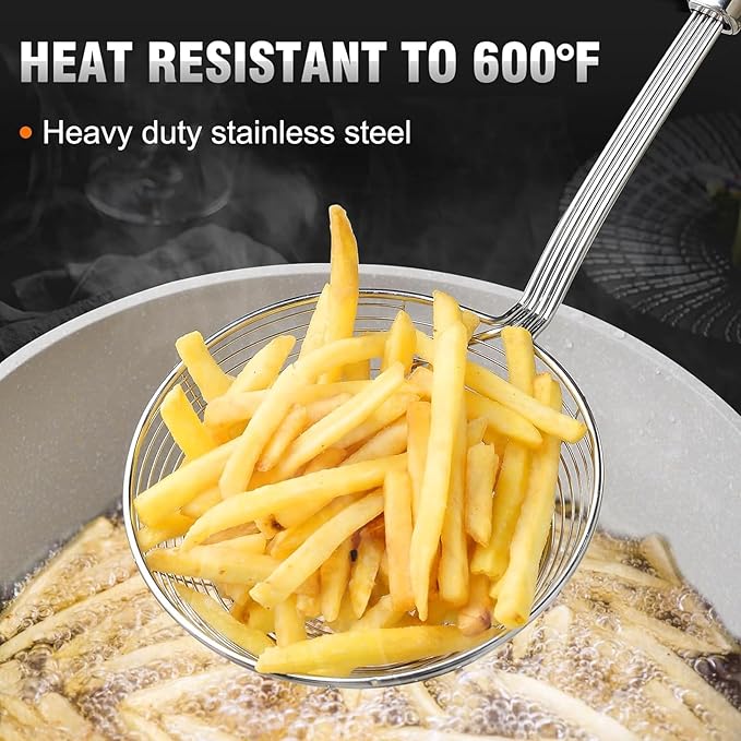 Walfos 7 inch Extra Large Spider Strainer - Stainless Steel Fryer Scoop & 4 in Skimmer Spoon, Set of 2 - Kitchen Spider Skimmer Strainer With Handle, For Cooking, Frying, Pasta, Egg, Foam