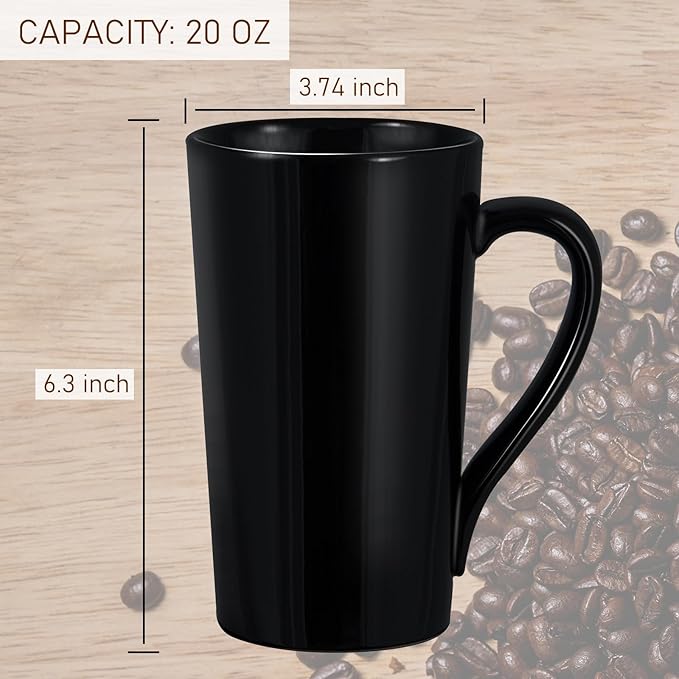 20oz Porcelain Coffee Mugs Set of 2, Large Tall Ceramic Coffee Cups with Handles, Modern for Coffee, Tea, Cocoa, Milk - Black