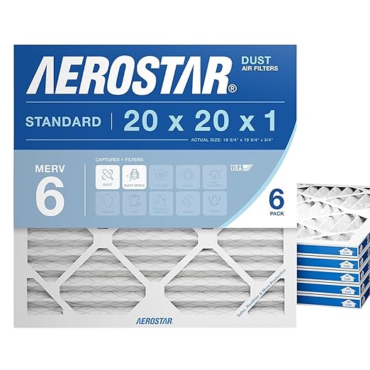 Aerostar 20x20x1 MERV 6 Air Filter, 6 Count, ACTUAL SIZE (19.75 x 19.75 x 0.75), HVAC, Air Conditioning & Furnace Filter for Dust, Lint & Pollen Control (MPR 300 / FPR 3), Made in USA