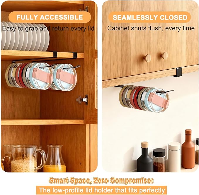 Tumbler Lid Organizer for Cabinet, Kezvulp No-Drill Holder Holds 10 Lids with Space Saving and Anti-Drop Design, the Must-Have Rustproof Rack for Kitchen Organization and Storage (Black)