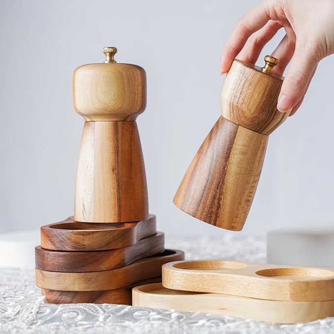 Salt and Pepper Grinder Set with Tray, Adjustable Ceramic Grinder Salt Mill, Stainless Steel Grinder Pepper Mill, Acacia Wood, 5 inch /14cm Height, Bottom Dia 2.36inch/6cm (Tray is Included)