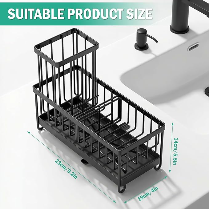 Sponge Holder for Kitchen Sink: 4 Pack Sink Caddy Organizer Complete with High Brush Holder & Auto Drain Tray, Stainless Steel Countertop Storage for Soap Dispenser & Dish Brush, Fast Local Shipping