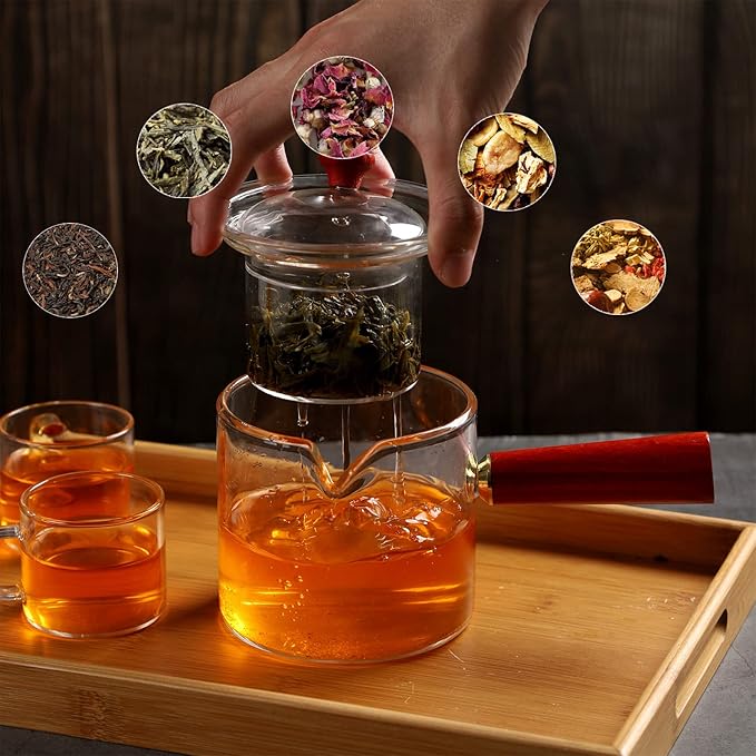WHJY Glass Teapot With Infuser for Loose Tea, Small Magic Kettle for Stove Top, Clear Japanese Kyusu With Wooden Handle - 17 oz