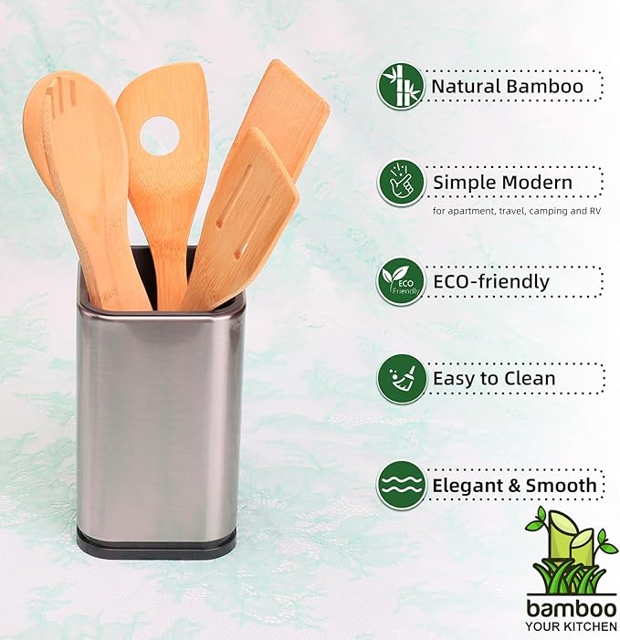 Kitchen Utensils Set, Bamboo Wooden Cooking Utensils Set with Spoons and Spatula for Nonstick Cookware, Simple Modern Kitchen Gadgets for Apartment Essentials/Camping/Travel/RV (5-Piece)