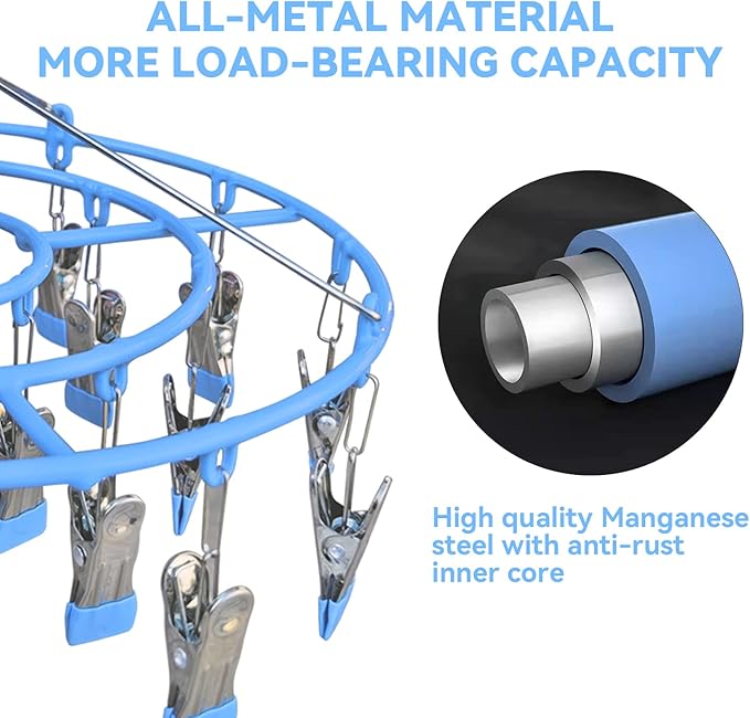 Clothes Drying Rack,Stainless Steel Laundry Drip Hanger with 24 Clips, Heavy Duty Round Swivel Windproof Hook Underwear Hanger for Drying Towel, Bras, Sock,Lingerie, Baby Clothes (Blue)