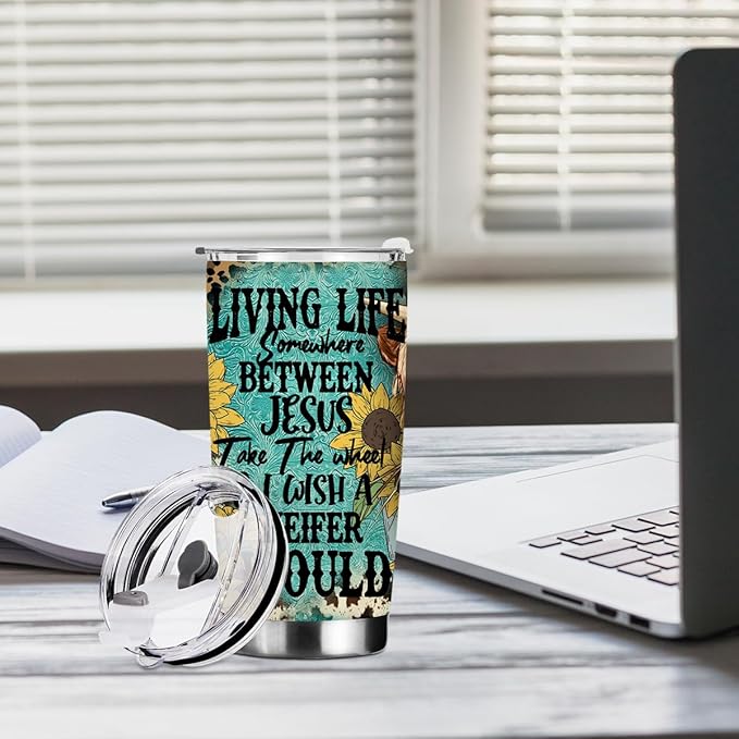 Cow Print Stuff Tumbler, Inspirational Western Decor Sunflower Gifts for Women Men Friends Cow Lovers Birthday Christmas, Christian Coffee Mug Stainless Steel Vacuum Insulated Travel Cup with Lid 20oz
