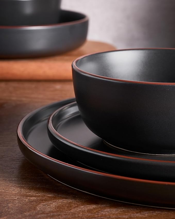 Famiware Mercury Dinnerware Sets with Mugs, Service for 4 (16 Pieces), Plates and Bowls Sets, Microwave and Dishwasher Safe Dishes Set, Black