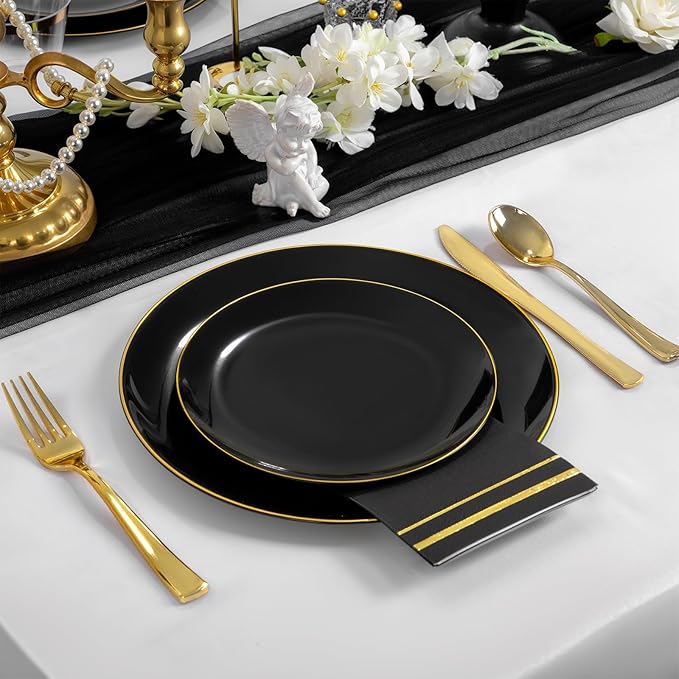 NOCCUR 350PCS Black and Gold Plastic Plates - Black Disposable Dinnerware Set for 50 Guests, 100 Dinner/Dessert Plates, 150 Gold Silverware, 50 Cups&50 Napkins for Party/Birthday/New Year