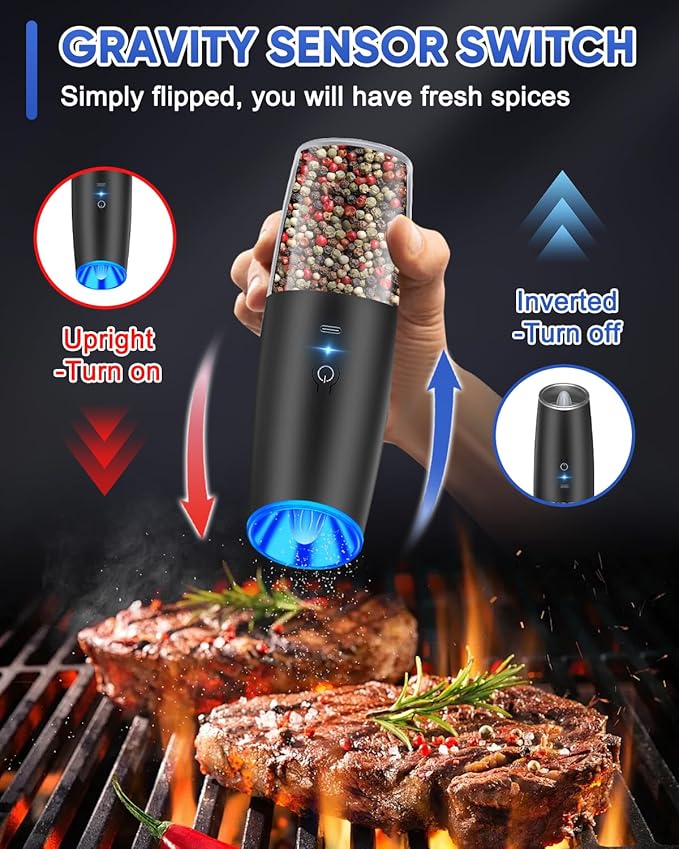 RECHARGEABLE - Gravity Electric Pepper and Salt Grinder Set, Adjustable Coarseness, With LED Light, One Hand Automatic Operation, Stainless Steel Black, (2 Pack Black)