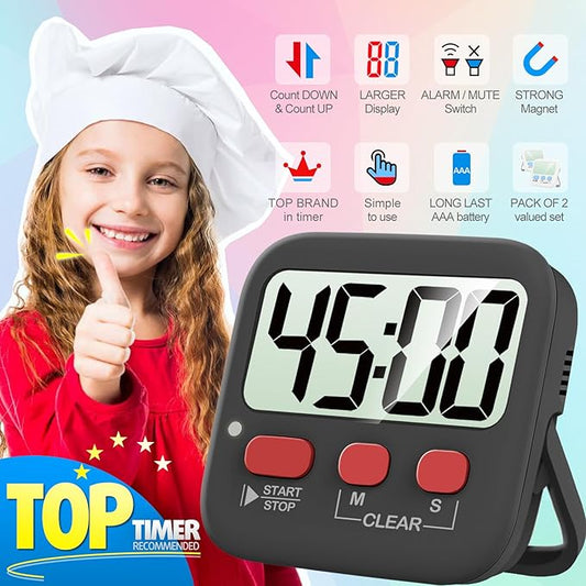 Antonki 2 Pack Digital Timer for Kids, Magnetic Countdown Kitchen Timers for Cooking, Egg, Classroom, Teacher, Exercise, Study, Oven - Battery Included