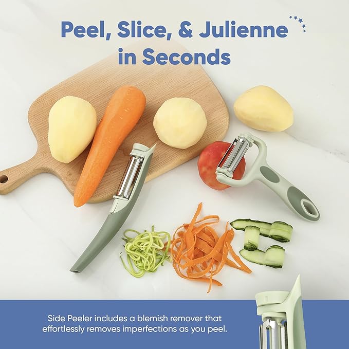 Chef’s Path Tri-Blade Peeler Set – Stainless Steel Blade Y Peeler & Side Peelers for Kitchen Set of 2 with Standard Peeler, Serrated Peeler, Julienne Peeler Vegetable Peeler & Spot Remover