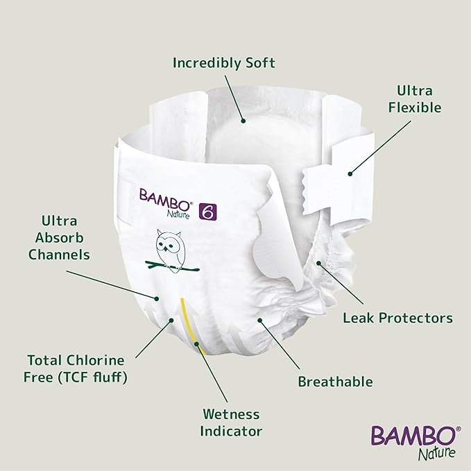 Bambo Nature Hypoallergenic Baby Diapers, Eco-Labeled Diapers, Enhanced Leakage Protection, Totally Chlorine-Free, Skin Friendly, and Super Absorbent - Size 6 (120 Count)