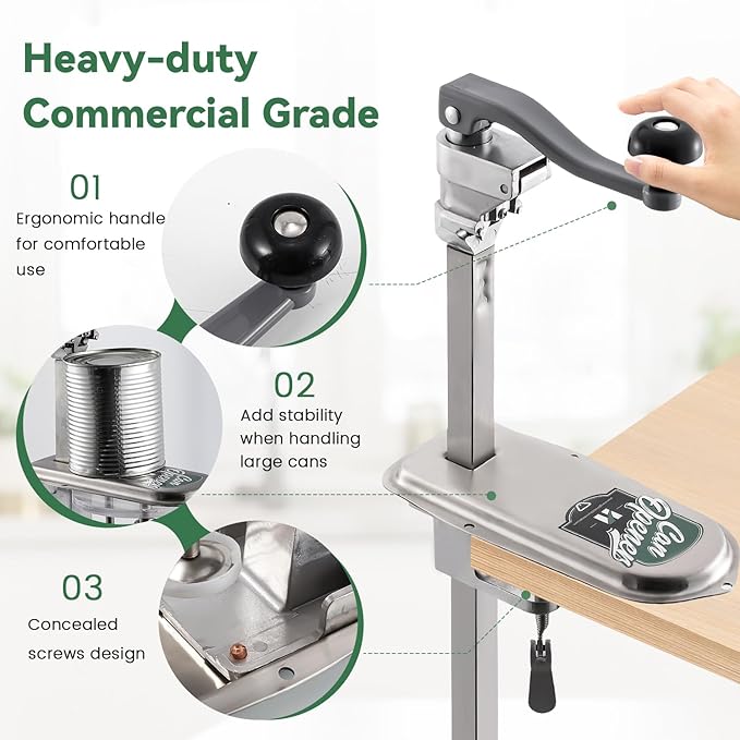 Huanyu Commercial Can Opener Heavy Duty Manual Tabletop Can Opener 28.5'' Height-Adjustable with 3 Stainless Steel Blades&Plated Steel Base for #10 Cans Up to 22” Tall for Restaurant,Bar,Hotel,Home