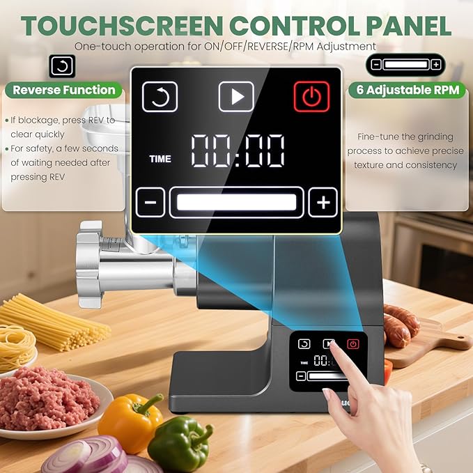 Huanyu Meat Grinder Electric 2000W Max Power Heavy Duty with Touchscreen, 2 Blades, 3 Plates, Sausage Tubes and Kubbe Kit #10 Outlet for Home Use