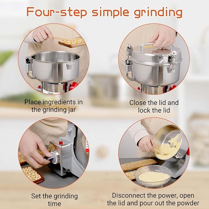 Electric Grain Mill Grinder 1000g Stainless Steel Pulverizer 36000r/min High-speed Grain Mill 2600W Dry Material Grinding Machine 270° swingable Superfine powder for Home and Commercial