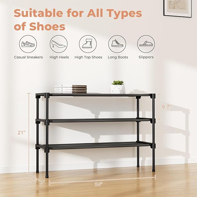 34" Widening Design Shoe Rack for Closet 16 Pairs Small Spaces Non-Woven 3 Tier Shoe Organizer Stackable Metal Shoe Shelf for Entryway, Bedroom