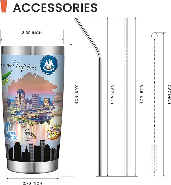 20oz Insulated Tumbler Louisiana State Coffee Mug, United States Map Travel Mug Landmark, Birthday Gifts Cute Custom Tumbler Cups with Lid and Straw Mothers Day Gifts