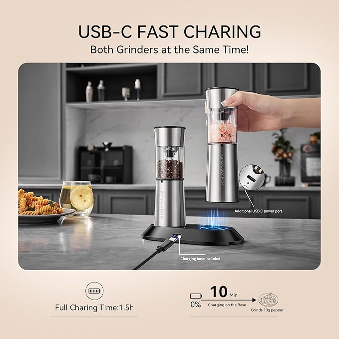 Electric Salt and Pepper Grinder Set, Gravity Operated, USB-C Rechargeable & Charging Base, Stainless Steel, Dual LED Guiding Lights, Comfortable Grip, Adjustable Coarseness, Perfect for Kitchen