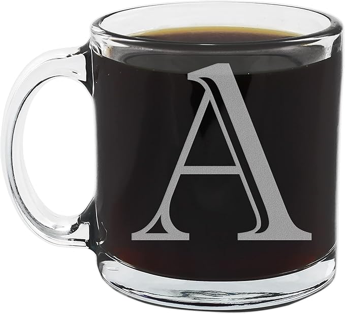 Spotted Dog Company Etched Monogram 12oz Clear Glass Coffee Mug (Letter A), A-Z Customized Coffee Gifts, Custom Engraved Gifts for Women Her, Personalized Gift for Men, Initial