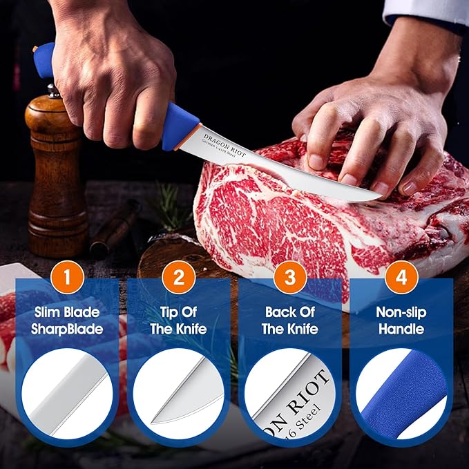 DRAGON RIOT 6 Inch Boning Knife, Flexible Curved Blade Processing Knife for Brisket Meat Trimming and Fish Filleting