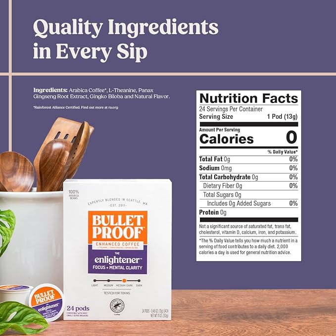 Bulletproof The Enlightener Coffee Pods, 24 Count, Medium-Dark Roast Enhanced Coffee with L-Theanine, Panax Ginseng and Gingko Biloba, Supports Mental Clarity, Focus, and Memory