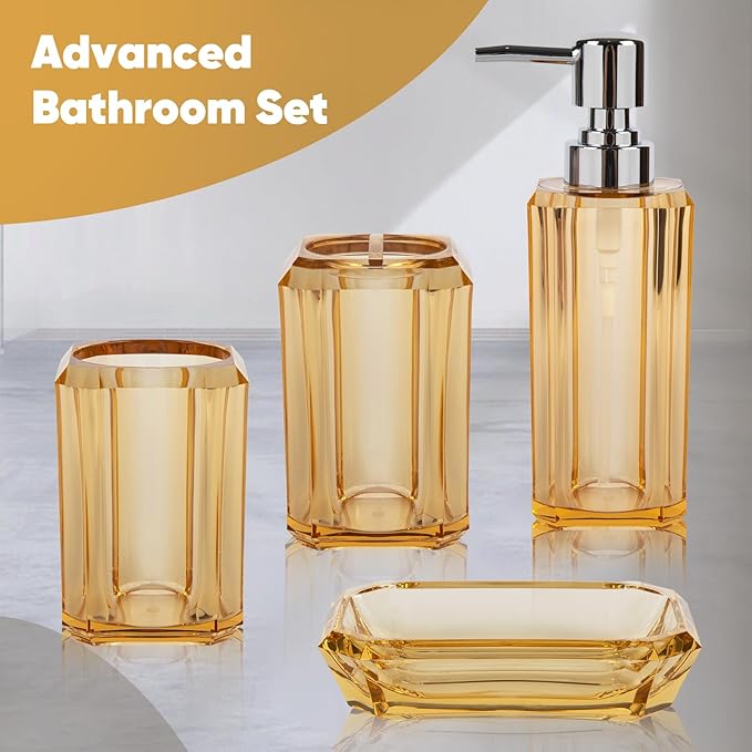 4 Piece Premium Acrylic Bathroom Accessory Set, Hand Sanitizer Bottle, Lotion Can Bathroom Suit, Separate Bottle Soap Box, Mouthwash Cup, Toothbrush Cup (Champagne Gold)